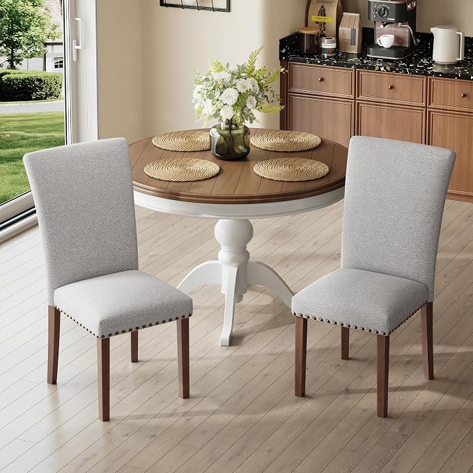MALOL Dining Chairs Set of 6, High Back Dining Chair with Wood Legs and Nailhead Trim, Modern Padded Kitchen Room Chairs for Dining Room/Restaurant, Light Grey