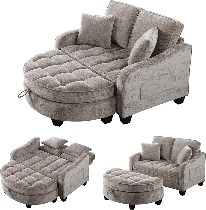 ERYE Chenille Tufted Loveseat Sofa and Ottoman Set, Tufted Recliner Sleeper Chaise Lounge with Curved Storage Ottoman,Reclining Backrest and Side Pockets, 4 Pillows