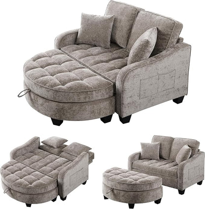 ERYE Chenille Tufted Loveseat Sofa and Ottoman Set, Tufted Recliner Sleeper Chaise Lounge with Curved Storage Ottoman,Reclining Backrest and Side Pockets, 4 Pillows