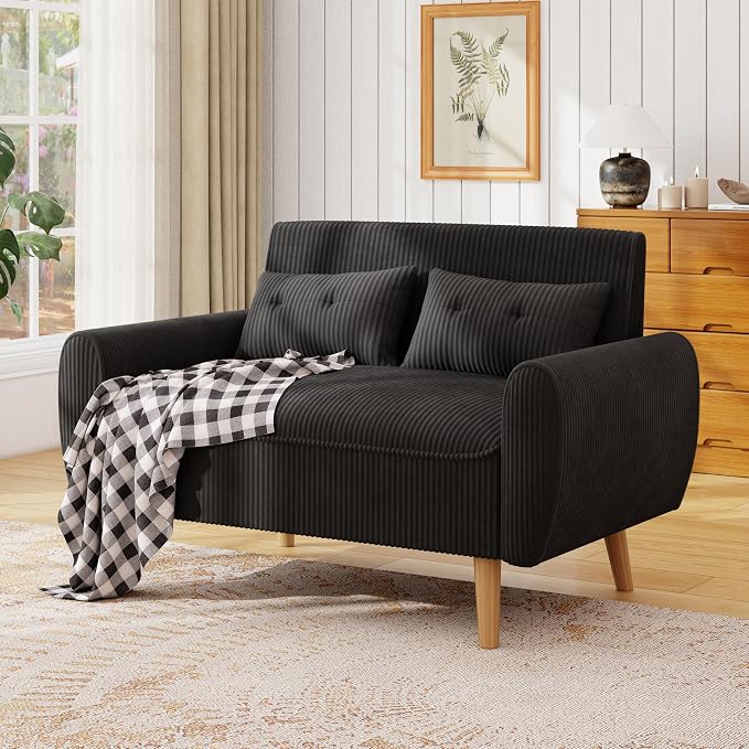 JAMFLY 47'' Small Loveseat Sofa, 2 Seat Compact Couch with Tapered Legs, Black Upholstered Furniture, Solid Wood Frame, Comfy Foam Cushion, Easy Assembly for Small Spaces