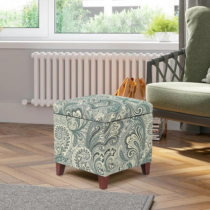 Adeco 18" Cube Storage Ottoman in Blue Paisley, Upholstered Linen Foot Stool & Accent Chair for Entryway, Vanity or Small Spaces
