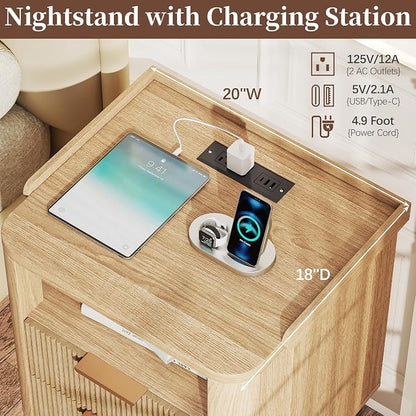 Baoz Fluted Nightstand Set of 2 with Charging Station & 2 Drawers, Oak | 20" Wide Mid Century Modern Bedside Table with Light Natural Wood Curved Profile 27in Tall LED Night Stand for Bedroom