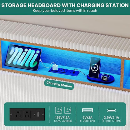 YITAHOME King Size Corduroy Upholstered Platform Bed Frame with Charging Station and RGB LED Lights, 53’’ Tall Storage Wingback Headboard, No Box Spring Needed, Easy Assembly, Noise-Free, White