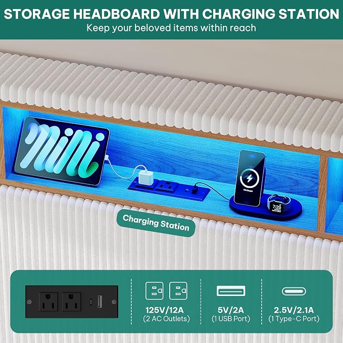 DWVO King Size Corduroy Upholstered Platform Bed Frame with Charging Station and RGB LED Lights, 53’’ Tall Storage Wingback Headboard, No Box Spring Needed, Easy Assembly, Noise-Free, White