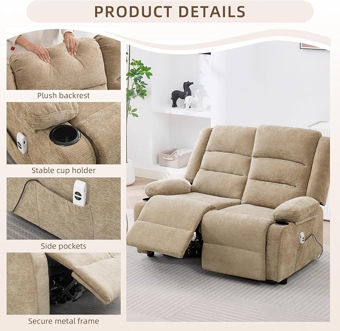 52Inch Reclining Loveseat Sofa,Power Loveseat Recliner,Electric Love seat Recliner Sofa for Bedroom,Living Room with Charging Ports,Brown