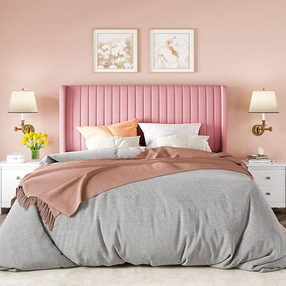 Allewie Full Size Velvet Bed Frame/Vertical Channel Tufted Wingback Headboard/Upholstered Platform Bed/Strong Wooden Slats/No Box Spring Needed/Easy Assembly/Pink