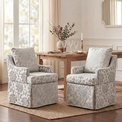 UVV Upholstered Dining Chairs Set of 2, Modern Jacquard Kitchen Chair Dining Room Chair with 4 Casters, Linen Armchair for Bedroom Reading Room Living Room, Silvery White