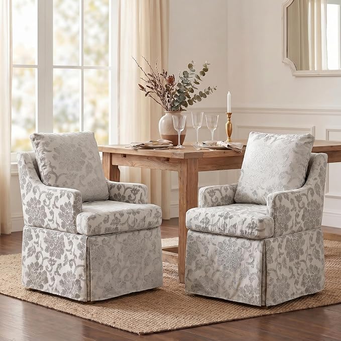 UVV Upholstered Dining Chairs Set of 4, Modern Jacquard Kitchen Chair Dining Room Chair with 4 Casters, Linen Armchair for Bedroom Reading Room Living Room, Silvery White