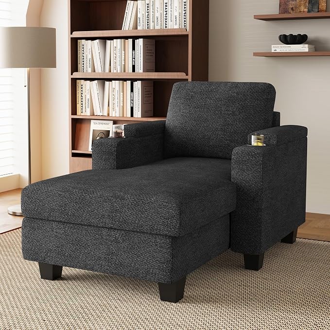 Belffin 52.8" Deep Storage Chaise Lounge with Cup Holder for Apartment Couch Dark Grey