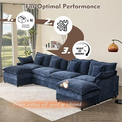 GOSUHI 142.5" U-Shaped Modular Cloud Couch, Deep Seat, Chenille Navy | Cloud Comfort, Couches for Living Room, Removable & Machine-Washable Covers, Movable Ottoman, Modular Sectional Sofa