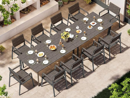 Outdoor Dining Set for 10, Patio Table and Chairs Set with Umbrella Hole, 12 Pieces HDPS + Aluminum Outdoor Furniture Sets for Patio, Garden (Charcoal)