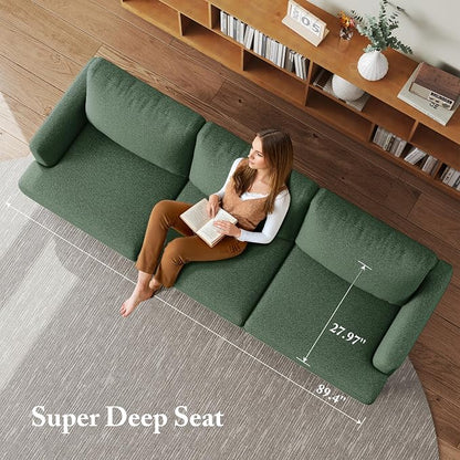 Busaurus 3 Seater Sofa Couch with Deep Seats, 89" Mid Century Modern Upholstered Sofa with Armrests, Comfy Couches for Living Room, Bedroom, Apartment and Office (Green)