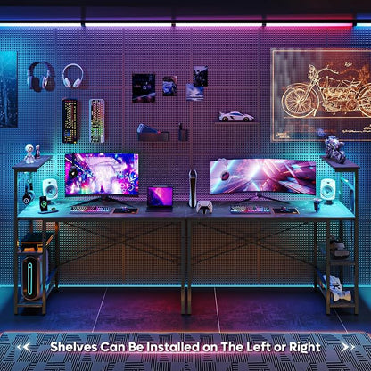 Bestier Gaming Desk with LED Lights, 51.3 Inch Computer Desk with 4 Tiers Reversible Shelves, Gamer Desk with Side Storage Bag, Hooks and Height Adjustable Shelf (Black Marble)