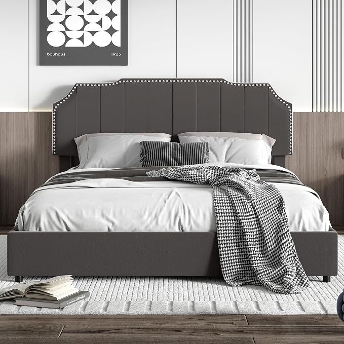 VECELO Full Bed Frame with 4 Storage Drawers & Upholstered Platform &Tufted Adjustable Headboard/Mattress Foundation/Wood Slat Support,Easy Assembly,Dark Grey