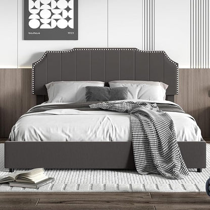 VECELO Full Bed Frame with 4 Storage Drawers & Upholstered Platform &Tufted Adjustable Headboard/Mattress Foundation/Wood Slat Support,Easy Assembly,Dark Grey