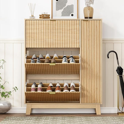 Shoe Cabinet Storage for Entryway with 3 Flip Drawers & Side Cabinet, Fluted Narrow Shoe Organizer with Wooden Leg, Freestanding Shoe Storage Hidden Shoe Rack Organizer for Front Door Entrance, Oak