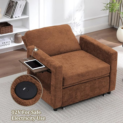 3 in 1 Folding Convertible Sleeper Sofa Bed Pull Out Couch with Side Pockets USB Port Side Table Single Sofa Bed with Adjustable Backrest for Living Room Bedroom 66" Orange 1 SEAT