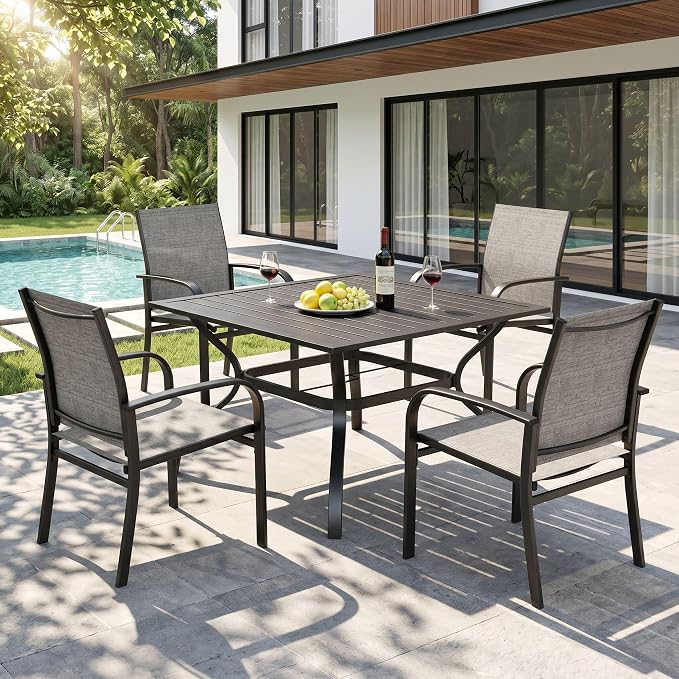 HERA'S HOUSE 5pc Patio Dining Set for 4, Outdoor Metal Table & Brown Chairs | Textilene chairs + 37" square table with umbrella hole. Waterproof, stain-resistant & wipe-clean. Ideal for backyard, porch