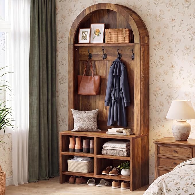 Tribesigns 70.8" Arched Coat Rack, 4-in-1 Hall Tree with Bench and Shoe Storage, Freestanding Coat Tree Rack with 4 Hooks & Adjustable Cubbies, for Mudroom, Entryway, Bedroom, Rustic Brown