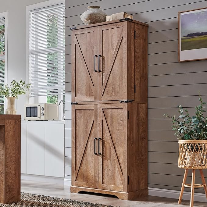 ACCOHOHO 72" Tall Kitchen Pantry, Farmhouse Storage Cabinet with Barn Doors, Organizer, Drawer and Adjustable Shelves, Rustic Wood Cupboard for Kitchen, Dining Room, Bathroom and Hallway, Light Walnut