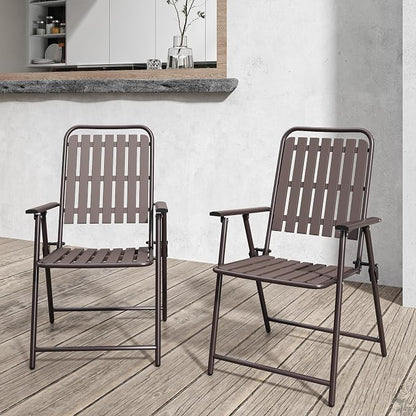 3-Piece Folding Bistro Set, Weather-Resistant Outdoor/Indoor Conversation Set with Heavy-Duty Powder-Coated Steel Frame and Tempered Glass Side Table for Patio, Yard, Garden (Brown)