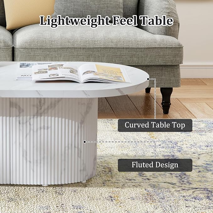 Oval Coffee Table, Modern Faux Marble Wood Coffee Table, Small Fluted Center Tea Table for Living Room,White