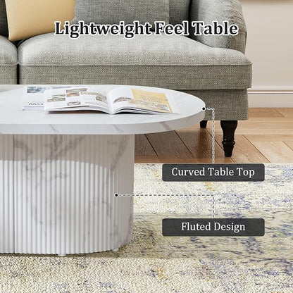 Oval Coffee Table, Modern Faux Marble Wood Coffee Table, Small Fluted Center Tea Table for Living Room,White