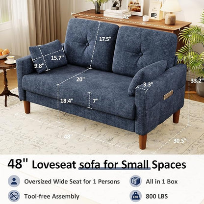 Vipbear 48" Loveseat Sofa,Modern Small Couches for Small Spaces,Blue Chenille Love Seat Couch for Living Room,Bedroom,Apartment,Office,Deep Seat,Throw Pillow,Side Pockets,Square Armrest