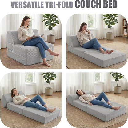 Kasunpul Folding Sofa Bed with Pillow, Memory Foam Fold Out Chair Bed, Convertible Sleeper Chair with Washable Cover, Futon Floor Couch for Living Room/Dorm/Guest Use/Home Office/Apartment, Light Grey