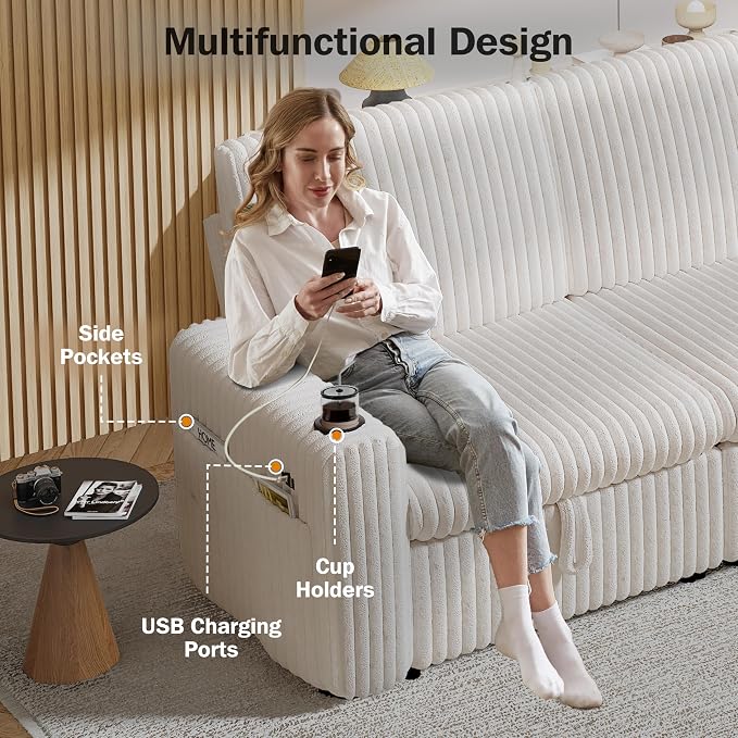 Sunny Heart 101" Plush Corduroy L Shaped Sectional Sleeper Sofa Bed with Pull Out Bed, Reclining Backrest, Reversible Storage Chaise, USB Ports, Cup Holders, Tool Free Assembly, Beige