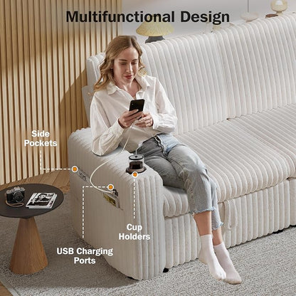 Sunny Heart 101" Plush Corduroy L Shaped Sectional Sleeper Sofa Bed with Pull Out Bed, Reclining Backrest, Reversible Storage Chaise, USB Ports, Cup Holders, Tool Free Assembly, Beige