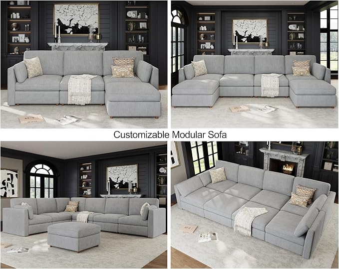 Oversized Modular Sectional Sleeper Sofa Bed Cloud Couches Gray | Deep Seat Couch for Living Room, 6-Seater Luxury Comfortable Sofa with Ottoman, Solid Wood Frame, Removable Washable Cover