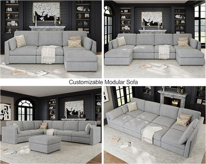 Oversized Modular Sectional Sleeper Sofa Bed Cloud Couches Gray | Deep Seat Couch for Living Room, 6-Seater Luxury Comfortable Sofa with Ottoman, Solid Wood Frame, Removable Washable Cover