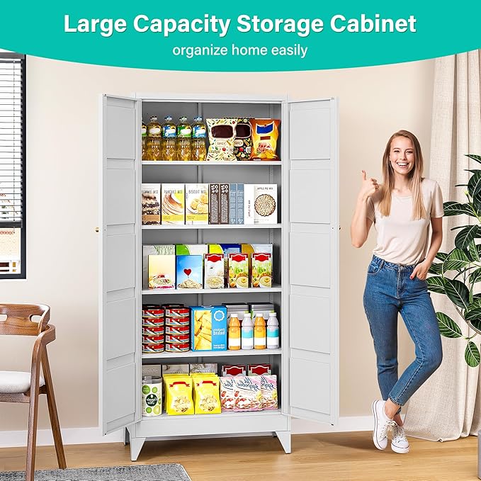SISESOL Wide & Deep Pantry Storage Cabinet with 2 Doors and 5 Shelves,72 inch Tall Metal Storage Cabinet,Large Cupboard,White Cabinets for Home,Kitchen,Bathroom,Dining/Living Room