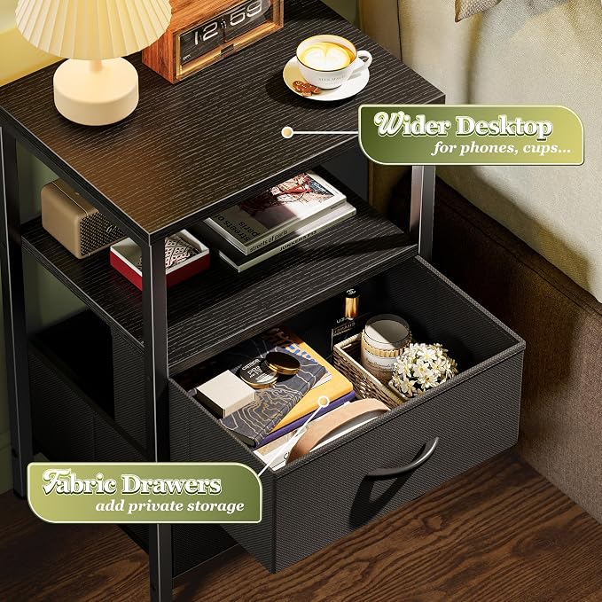 Huuger Night Stand Set of 2, Nightstand with 2 Drawers, Bed Side Table with Open Shelf, Wooden Top, End Table, Fabric Drawer, for Bedroom, Black
