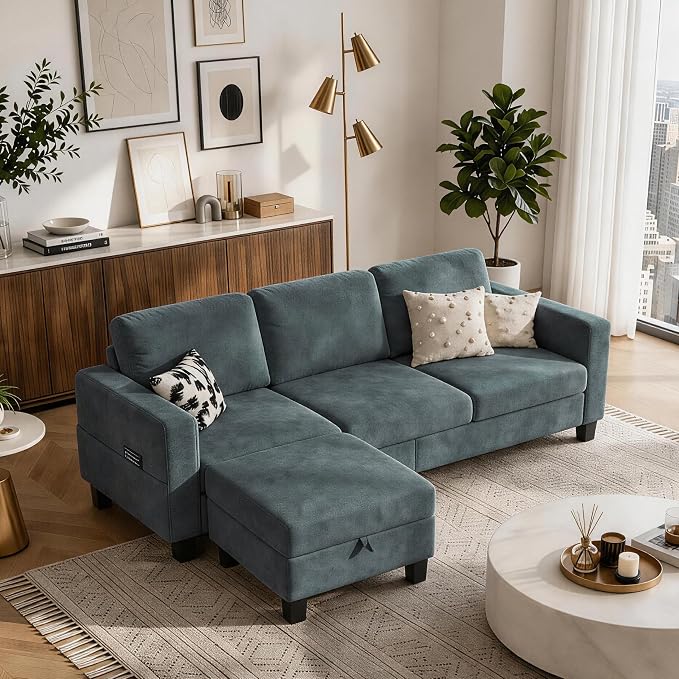 78" Sectional Sofa Couches for Living Room, Blue L Shaped Couch with Storage Ottoman, Deep Seat Pet-Friendly Velvet Fabric Sofa Set for Small Space, Apartment, Dorm
