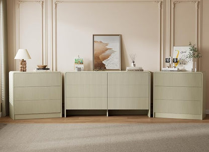 Furniway Bedroom Dresser Set 3 Piece, 6 Drawer Curved Dresser with 2 Nightstands, Modern Fluted Wood Storage Cabinet, White Chest of Drawers with Pop-Up Design, Beige