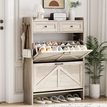 Shoe Cabinet with 2 Flip Drawers & 2 Top Drawers, 43" Tall Freestanding Narrow Wooden Shoe Storage Organizer for Entryway, Hidden Slim Shoe Rack for Front Door Entrance, Hallway, Living Room, Grey