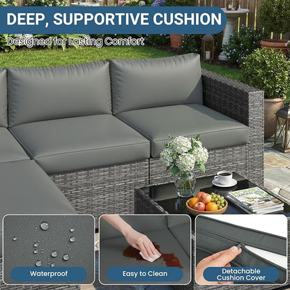 Wisteria Lane 5-Pieces Outdoor Patio Furniture Set, All Weather Wicker Rattan Sectional Sofa, Patio Conversation Set with Cushions & Glass Coffee Table for Backyard Porch Garden Balcony, Grey