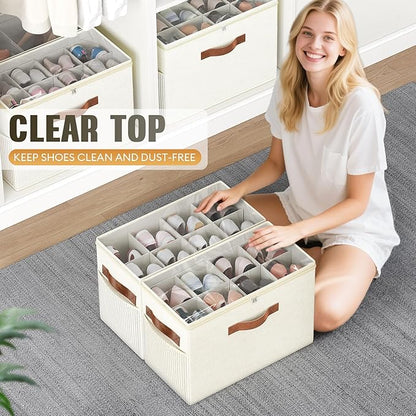 Budding Joy 2 Pack Shoe Organizer for Closet, Clear Foldable Shoe Storage Containers Adjustable Dividers Fits 16 Pairs,Shoe Storage Bins Baskets Boxes with Reinforced Handles Beige | Farbic shoe storage organizer box bin with clear cover, fits up to 16...