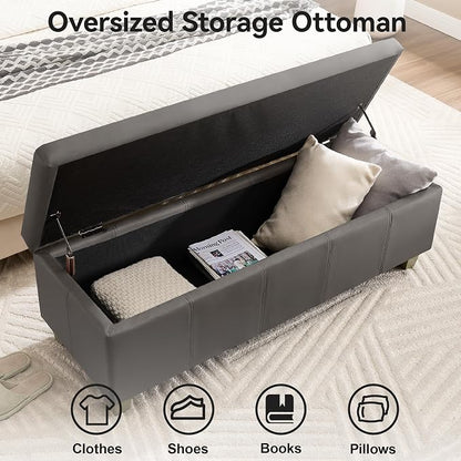 WUTUTUEE 51" Faux Leather Storage Ottoman, Stitch Tufted Rectangle Upholstered End of Bed Storage Bench, Entryway Large Couch Ottoman with Wooden Legs,Dark Grey