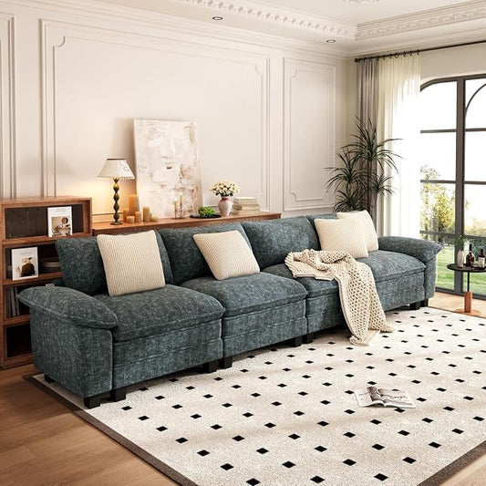 PHI VILLA Cloud Modular Couches Sets, 157.5" Sectional Sofa with Upholstered Deep Seat, 4-Seater Long Couches for Living Room Apartment, Chenille Fabric, Dark Cyan