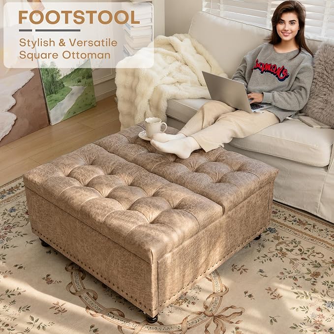 Redlife 35 Inch Large Square Storage Ottoman, Storage Ottoman Coffee Table with Lift Top Faux Leather Ottomans Bench Square Footrest Oversized Upholstered Coffee Table for Living Room (Champagne)