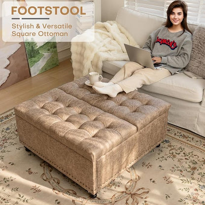 Redlife 35 Inch Large Square Storage Ottoman, Storage Ottoman Coffee Table with Lift Top Faux Leather Ottomans Bench Square Footrest Oversized Upholstered Coffee Table for Living Room (Champagne)