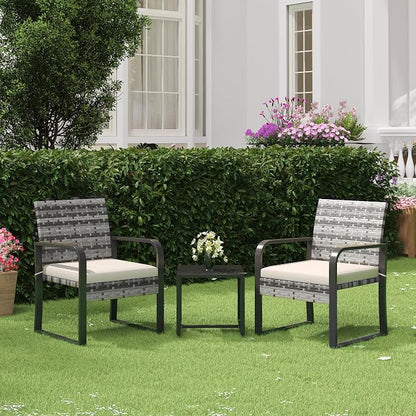 Bezseller 3 Piece Outdoor Patio Furniture Set, Patio Bistro Set Wicker Conversation Set, Modern Rattan Chair with Glass Coffee Table for Backyard, Porches, Poolside, Lawn and Balcony