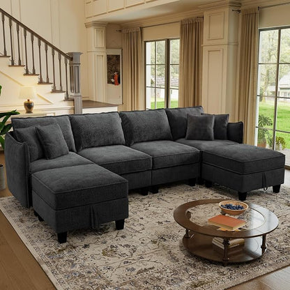 WorthFurni 112" Modular Sectional Sofa U Shape Couches with Storage Ottoman and Washable Cushion Cover for Living Room, Bedroom, Apartment(Black)