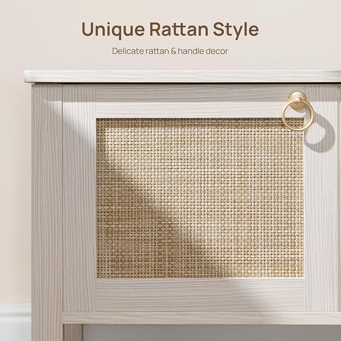 SICOTAS Rattan Storage Bench Boho Storage Chest with 2 Safety Hinges | Wood Storage Truck Box for Bedroom, Living Room, Entryway, Supports 220 lb, White Oak