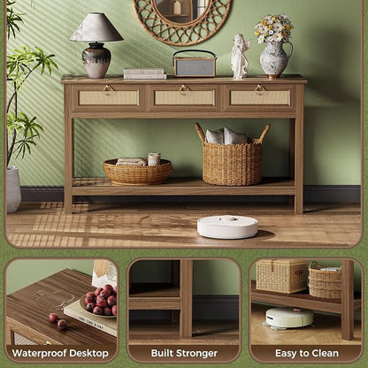 SUPERJARE Rattan Console Sofa Table with Outlets and USB-C Port, 3 Drawer Entryway Table with Synthetic Rattan Surface, Open Shelf, Behind Couch Entry Foyer Hallway Storage, Brown