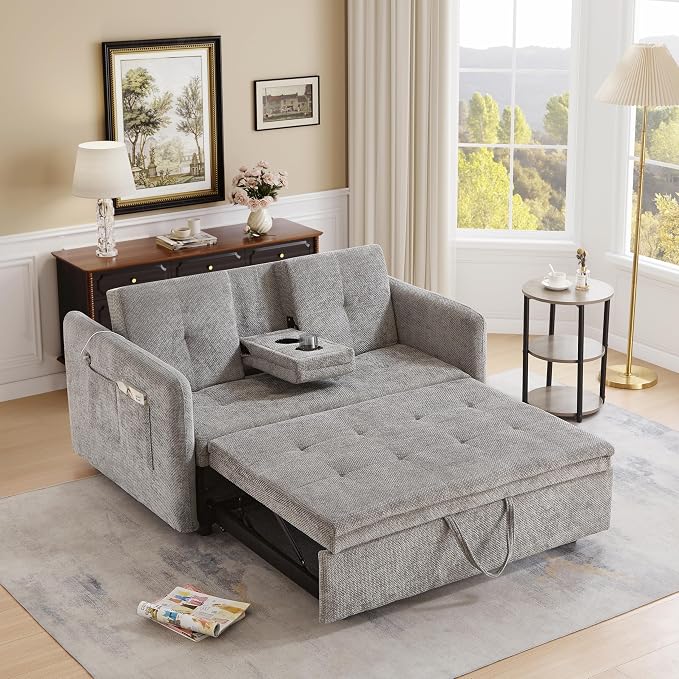57.48" Convertible Sofa Bed with Cup Holder, Pull Out Sleeper Sofa Bed with USB Charging Ports, 3 in 1 Convertible Sleeper Sofa Bed for Living Room, Apartment, Bedroom, RV, Grey