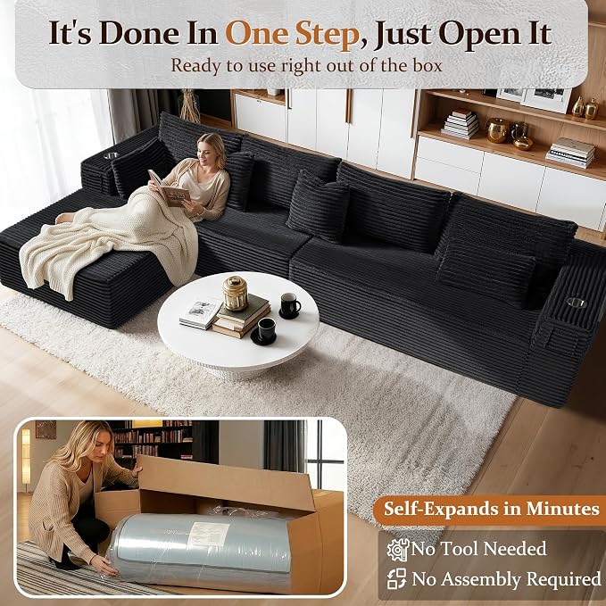 138" Oversized Cloud Sectional Couch, Comfort L Shaped Boneless Couch for Living Room, Extra Deep Seats No Assembly, Minimalist Modular Sofa, Corduroy (Black, 3 Seater+Left Facing Chaise)